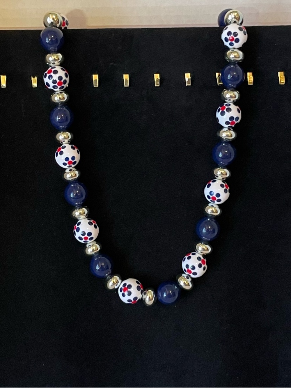 Vintage Beaded Necklace with Navy and Floral Accent Beads